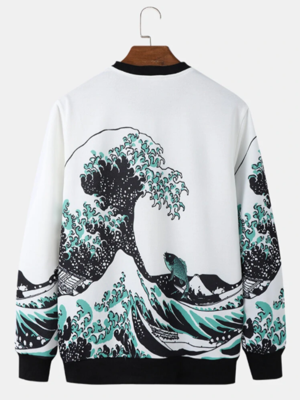 Sweater camisola Homem, cor branca, ondas mar preto e azul - AudaciouZ